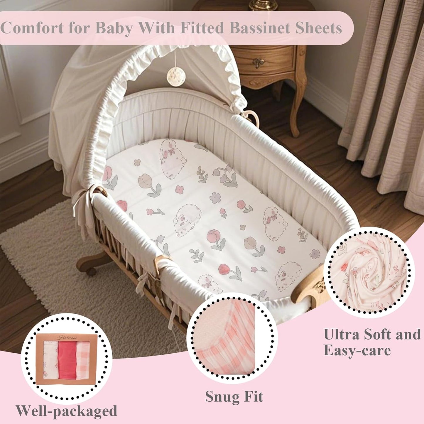 100% Jersey Cotton Bassinet Sheets 21" x 35" Fits Besrey, Foalom, Bellababy, MiClassic, Milliard and Large Bassinet Mattress, Super Soft and Breathable Bassinet Fitted Sheets, 3 Pack, Pink
