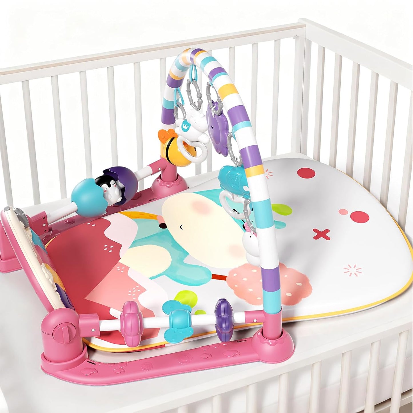 Baby Gym With Kick and Play Piano - Activity Mat for Tummy Time With 5 Infant Learning Sensory, Music and Lights for Newborn Boy or Girl (Pink)
