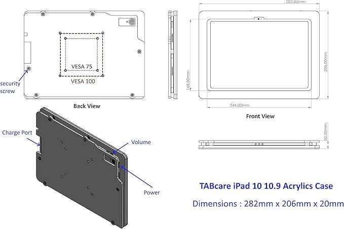 TABcare Anti-Theft Acrylic VESA Enclosure for Apple iPad 10 10.9" 2022, iPad 11" 2025 with Free Wall Mount Kit & 90-Degree Angle USB C Charge Cable (White)