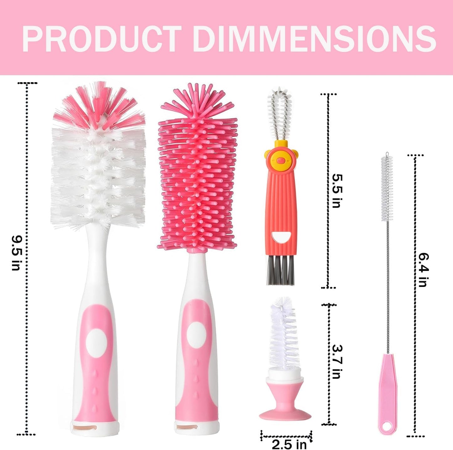 5 in 1 Bottle Cleaner Brush Set with Nylon and Silicone Bottle Brush, Straw Brush, Bottle Brush with Nipple Cleaner and Suction Cup, Cup Lid Cleaner Brushes Kit, BPA-Free (Pink)