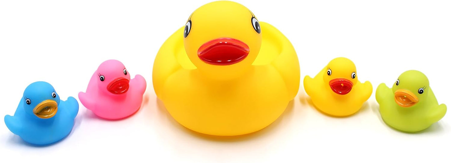 Floating Rubber Duckies Bath Play 5 Pieces Set - Includes 1 Jumbo Mama Ducky and 4 Baby Ducks - Fun Water Tub Playing Kits(4 Colors)