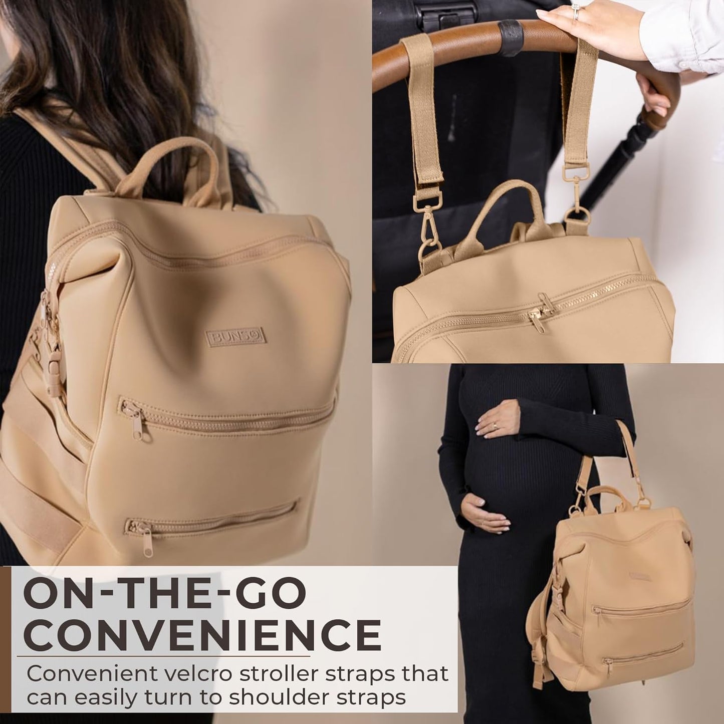 BUNSO Neoprene Diaper Bag, Minimalist Backpack Diaper Bag with Pouch, Changing Pad, and Stroller Straps, Water Resistant and Lightweight Baby Diaper Bag Backpack, Womens and Mens Diaper Bag, Khaki