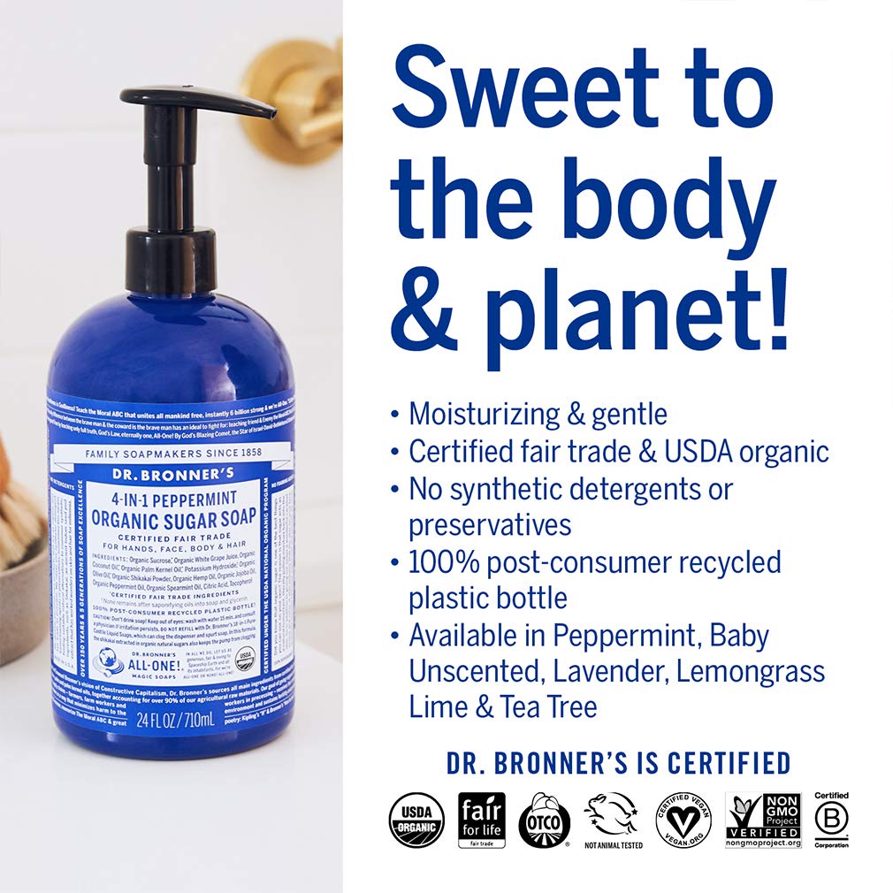 Dr. Bronner's - Organic Sugar Soap (Peppermint, 24 Ounce) - Made with Organic Oils, Sugar & Shikakai Powder, 4-in-1 Uses: Hands, Body, Face & Hair, Cleanses, Moisturizes & Nourishes, Vegan