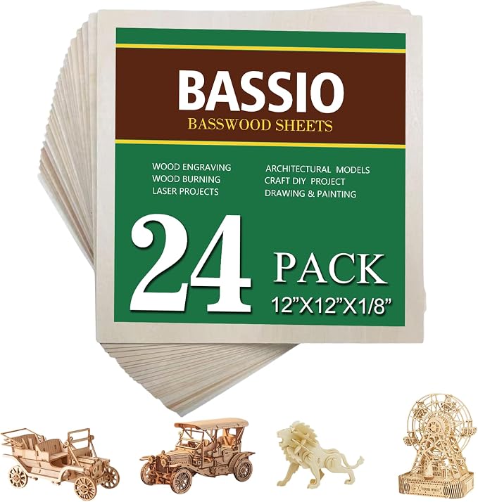 Basswood Plywood Sheets, 24 Pack 12 x 12 x 1/8 Inch Unfinished Plywood Sheets