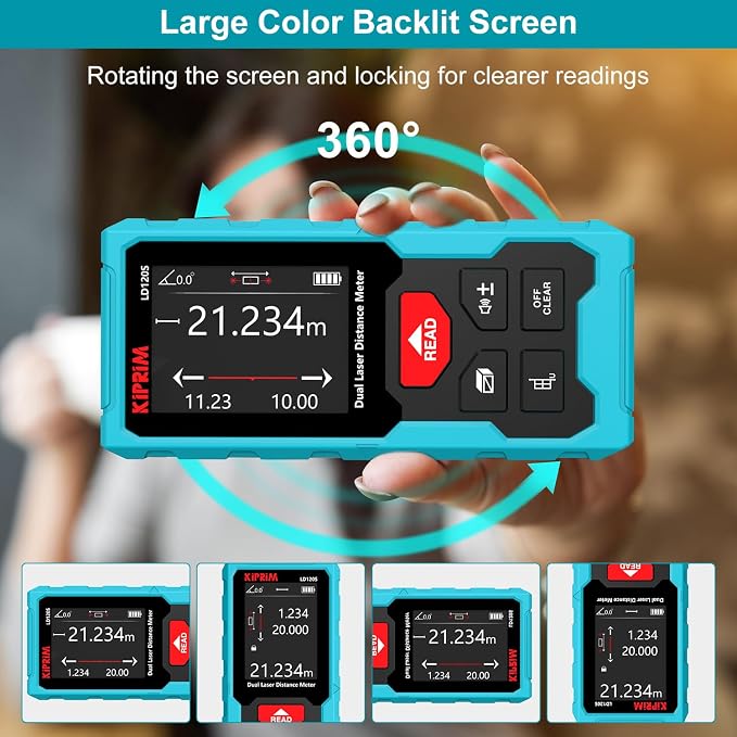 Kiprim 393ft Dual Laser Distance Measuring Tool LD120S, 120m Total Range