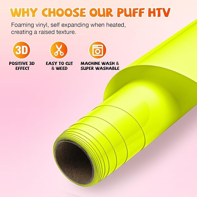 VinylRus Puff Vinyl Heat Transfer 3D -12” x 6ft Neon Yellow Puff Iron on Vinyl