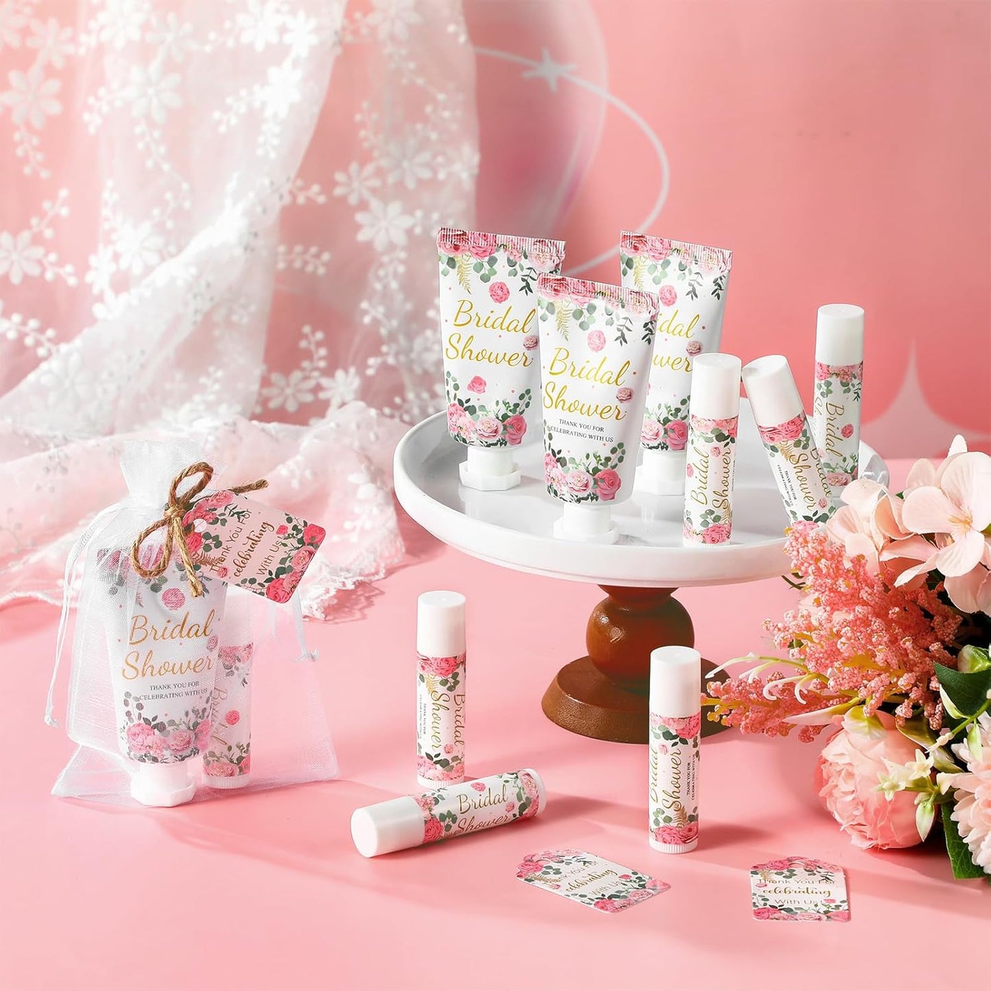 24 Sets Hand Cream and Lip Balm Gift Bridal Baby Shower Party Supply Travel Size Hand Lotion and Lip Balm Bulk with Organza Bag and Tag Wedding Baby Shower Party(Cherry,Floral)