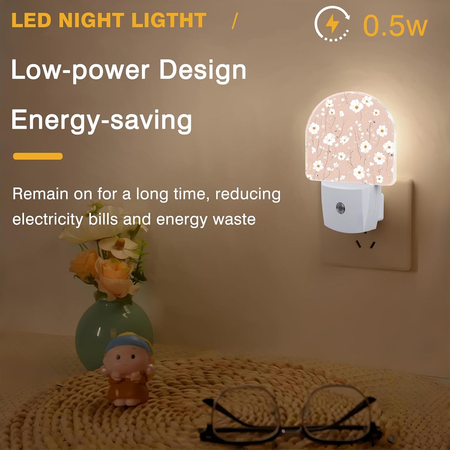 Night Light, Pink and White Flowers Night Lights Plug into Wall Dusk to Dawn Sensor Round Nightlight for Women Men Energy Efficient Led Lamp 0.5W for Stairway Hallway Bedroom