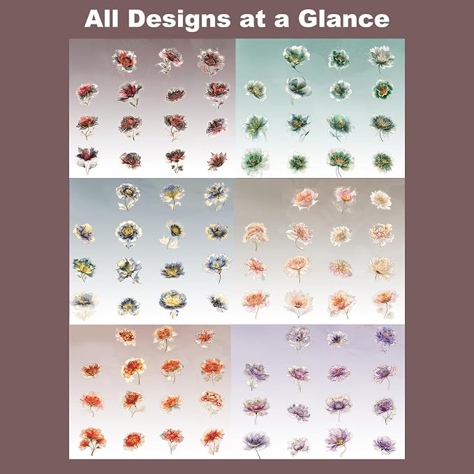 90PCS Flower PET Stickers, Waterproof Transparent Floral Designs