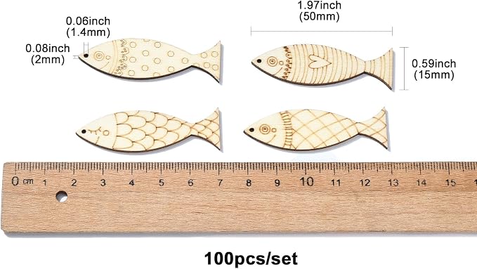 200 Pcs Wooden Fish Charms Old Lace Sea Animal Cutouts Unfinished Wood Summer