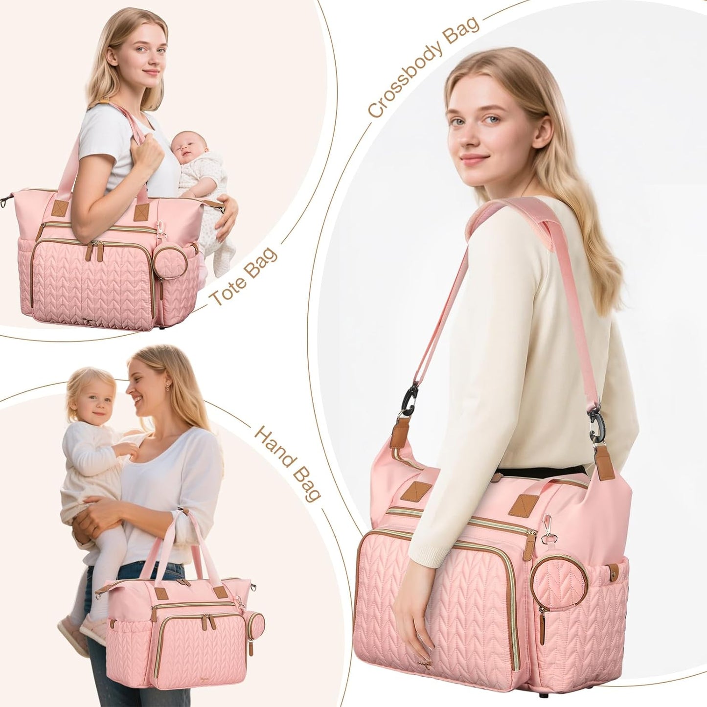 Diaper Bag Tote, Large Diaper Bags Waterproof, Hospital Bag for Labor Delivery, Baby Bag with Pacifier Case, Travel Diaper Tote with Changing Pad, Pink