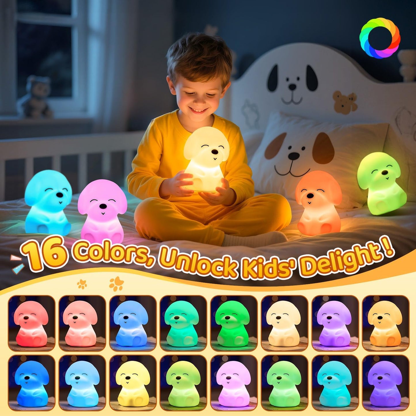 Night Light for Kids | 16 Colors & 2 Brightness & 30/60min Timer & Soft Silicone & 10h Use | Cute Night Light for Baby Nursery Kids Nightlight Dog Lamp, Kawaii Room Decor Puppy Gifts for Boys & Girls