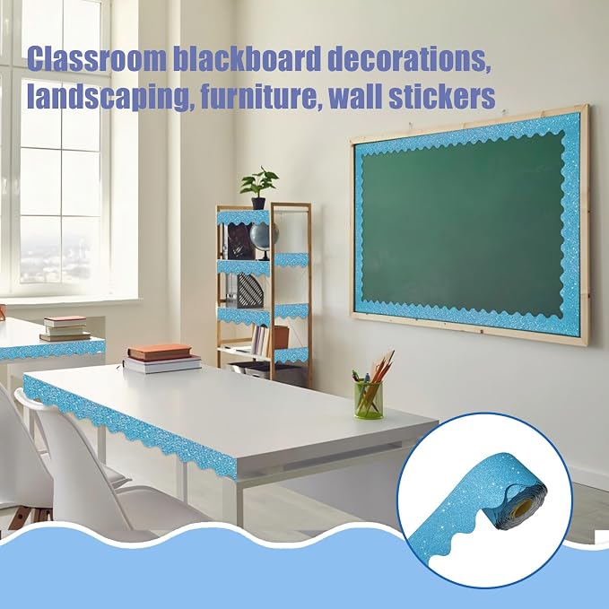 70Ft Shine Blue Bulletin Board Borders，Scalloped Poster Boards Decorations Trim
