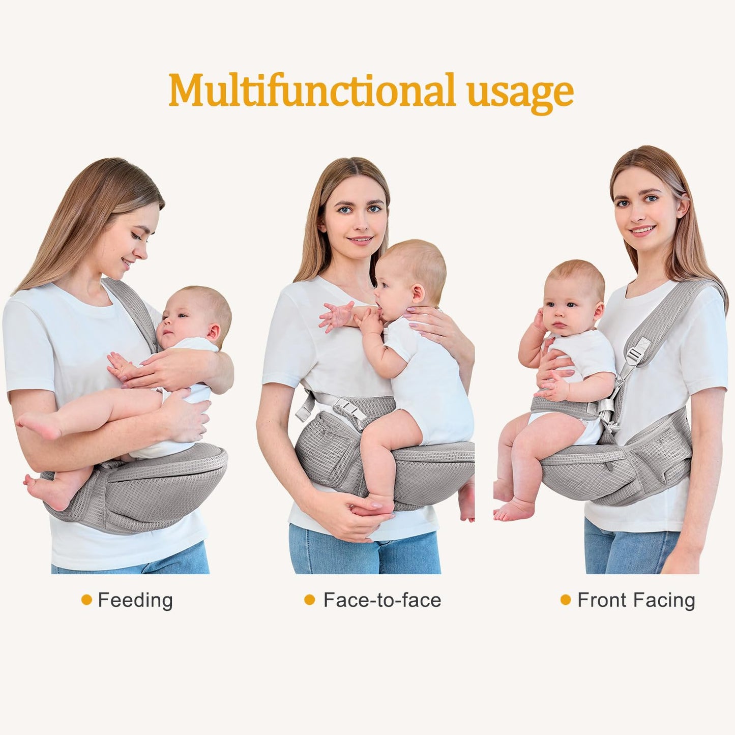 Baby Hip Carrier - Hip Carrier for Baby with Baby Safety Strap - Toddler Carrier 7-45 lbs - Ergonomic Infant Holder Baby Carrier with Hip Seat Large Capacity Pockets（Light Grey）
