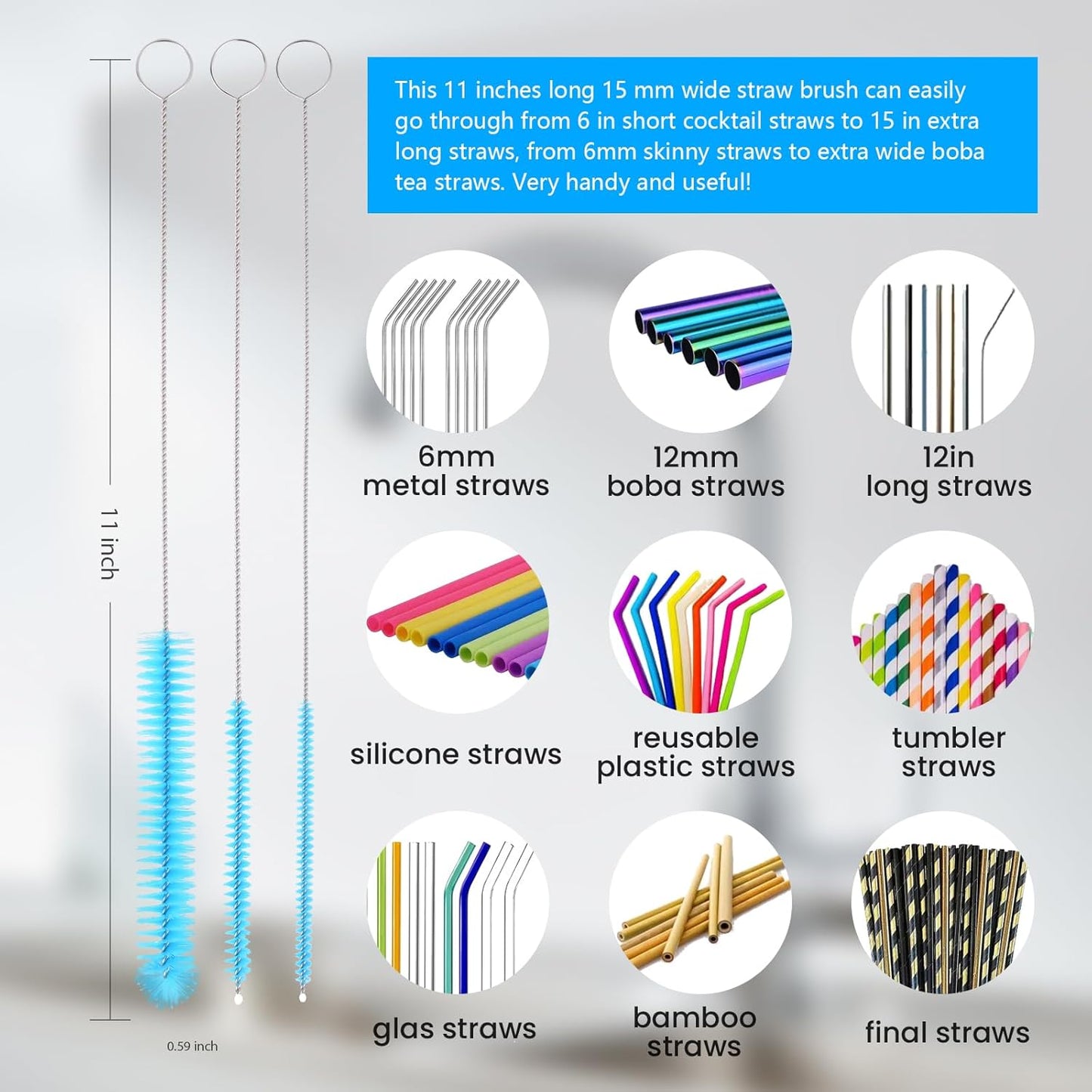 5 Pack Bottle Brush, Straw Cleaner Brush & Water Bottle Brush,15in Stainless Steel Brush, 3 Straw Brushes, 3-in-1 Bottle Cleaning Brush for Water Bottle, Coffee Mugs, Straws-Blue