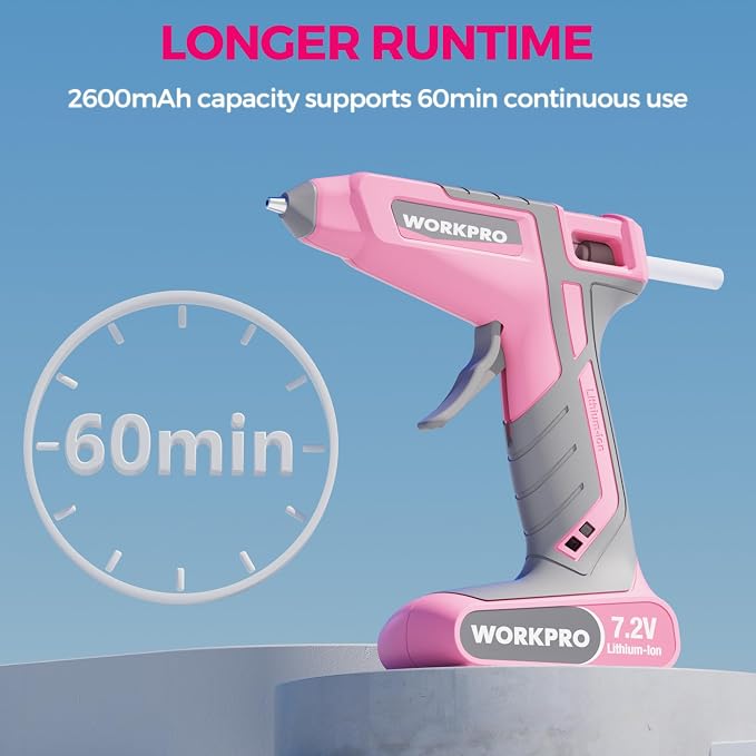 WORKPRO Pink Cordless Hot Melt Glue Gun, 7.2V Rechargeable Fast Preheating Glue