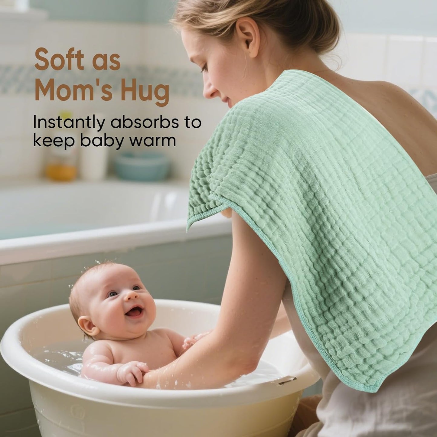 Muslin Hooded Baby Towels 100% Cotton ，Super Soft Muslin Baby Bath Towel - 32 x 32 Inches, Suitable for Newborn and Young Children up to 3 Years Old. (Beige & Green)