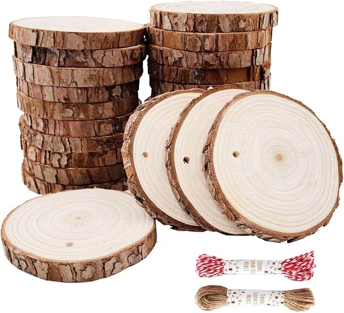 Unfinished Natural Wood Slices 25Pcs 3.1-3.5 inch Wood Coaster Pieces Craft