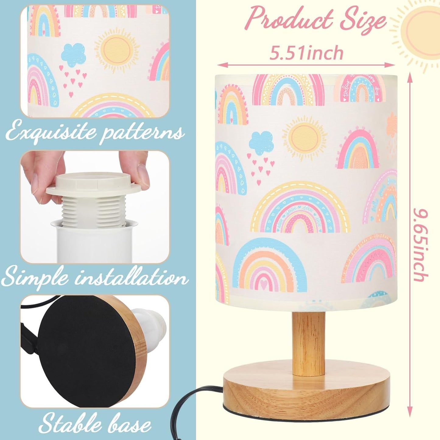 VIHOSE Rainbow Kids Table Lamp for Bedroom Kids Bedside Lamp with Linen Wooden Nightstand Cartoon Nursery Lampshade for Girls Boys Living Room