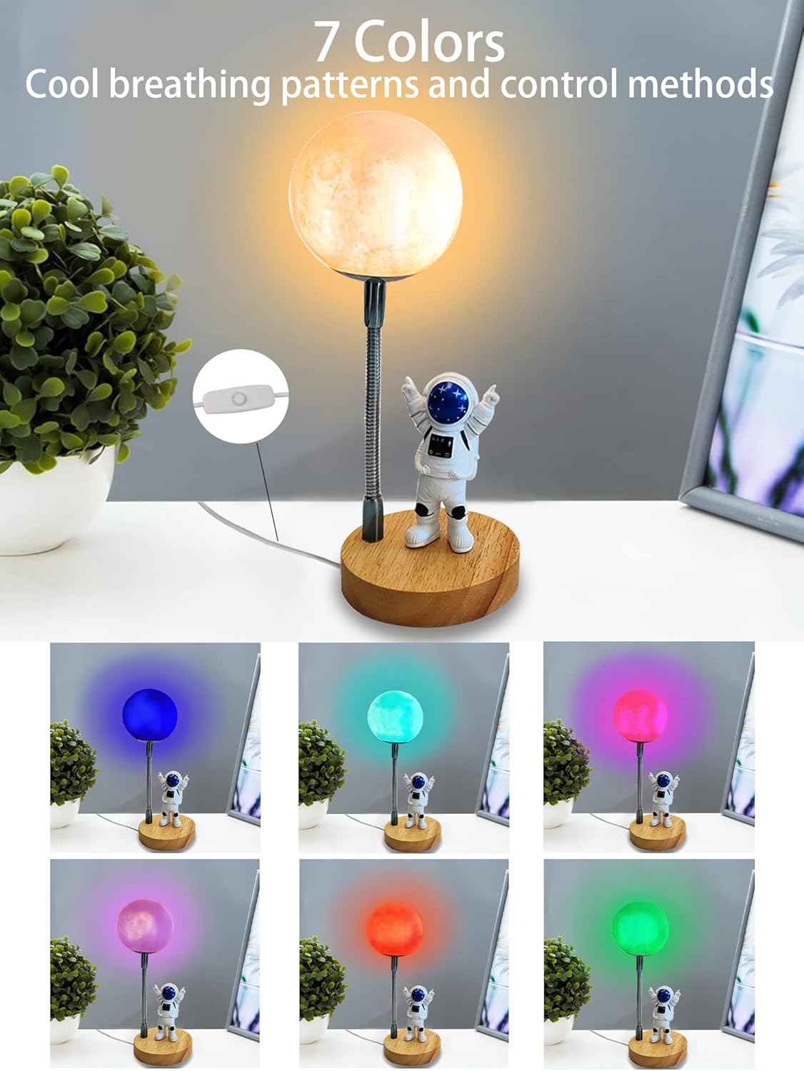WLHONG Moon Lamp for Kids,Space Buddy Lights with 7 Color Astronaut Night Light,USB Powered and Button Control 3D Moon Table Lamp,Perfect for Bedroom,Nursery and Space-Themed Parties (Moon)