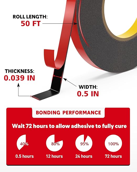 HitLights Double Sided Tape Heavy Duty, 1/2 in x 50 ft, Adhesive Mounting Tape