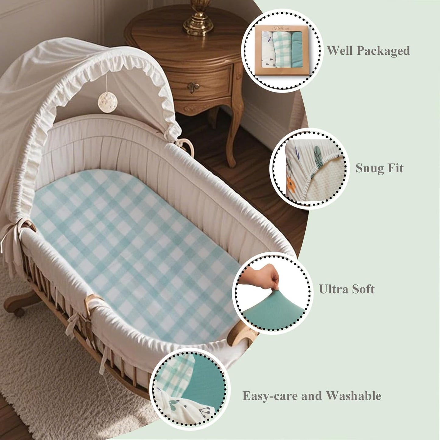 100% Jersey Cotton Bassinet Sheets 20" x 33" Fits Angelbliss, YADAQE, wayfong, Maxi-COSI, BIERUM and Papablic Baby Bassinet, Super Soft and Breathable Fitted Sheets, 3 Pack, Green