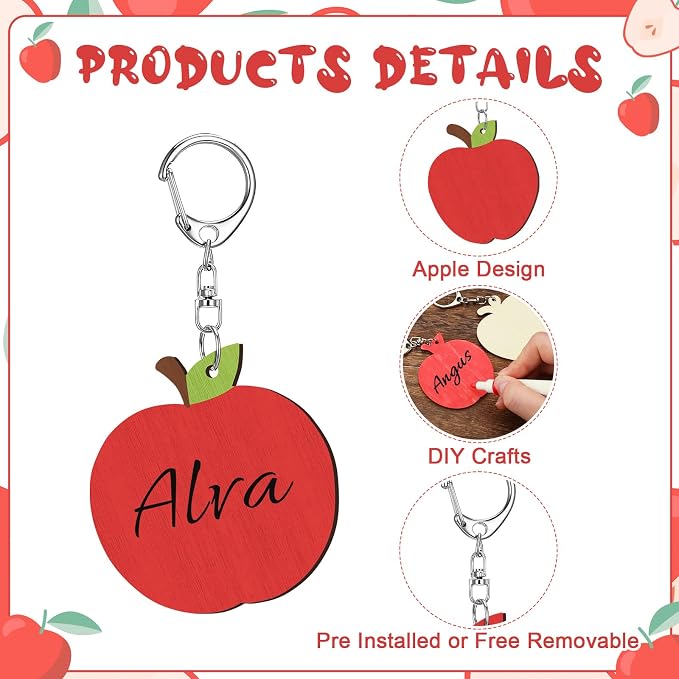RattanView 24 Pcs Apple Craft Color Your Own Keychains DIY Craft Wooden Blank