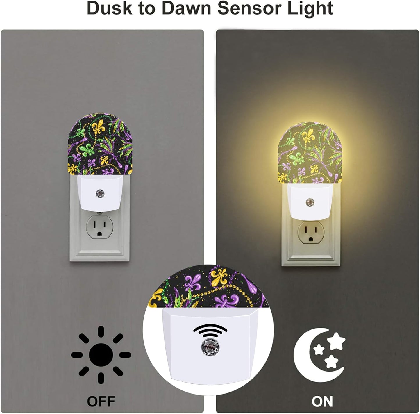Mardi Gras Carnival Design Night Light, Colorful Fleur De Lis and Feathers Dusk to Dawn Night Light Plug in, 0.5w Energy Saving Sleep Friendly Nightlights for Kids Boys Girls Home Decor