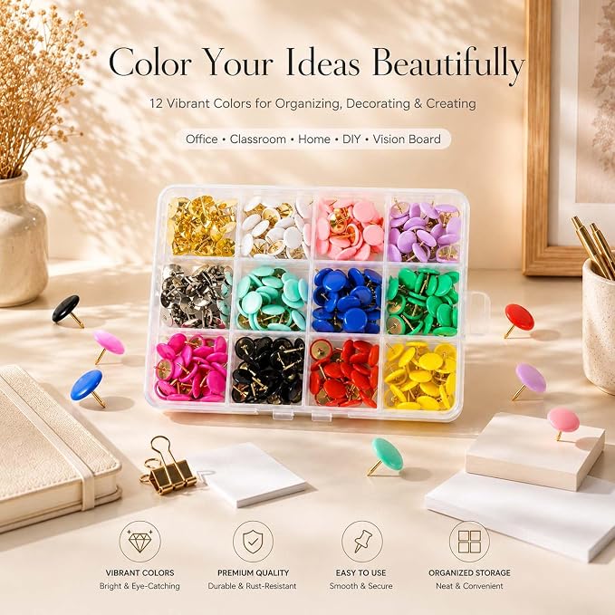 12 Colors Thumb Tacks 264PCS Plastic Round Head Thumbtack Metal Flat Push Pins