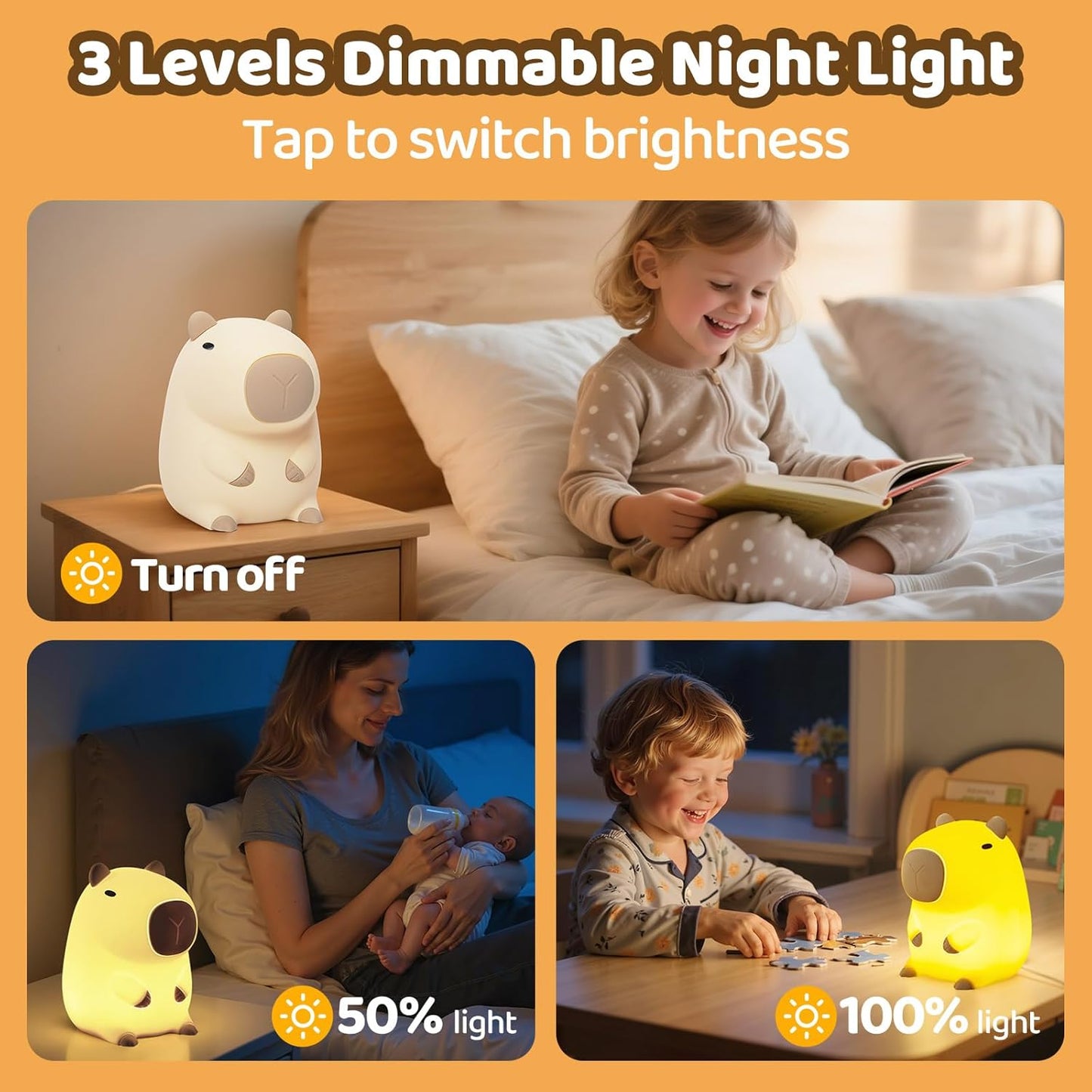 Huggwaii Squishy Capybara Night Light for Kids - Soft Silicone Tap-Control Kids Night Light with 2 Brightness Levels & 20-Min Timer, Cute Lamp for Nursery Bedroom Decor, Baby Gift (1200mAh Battery)