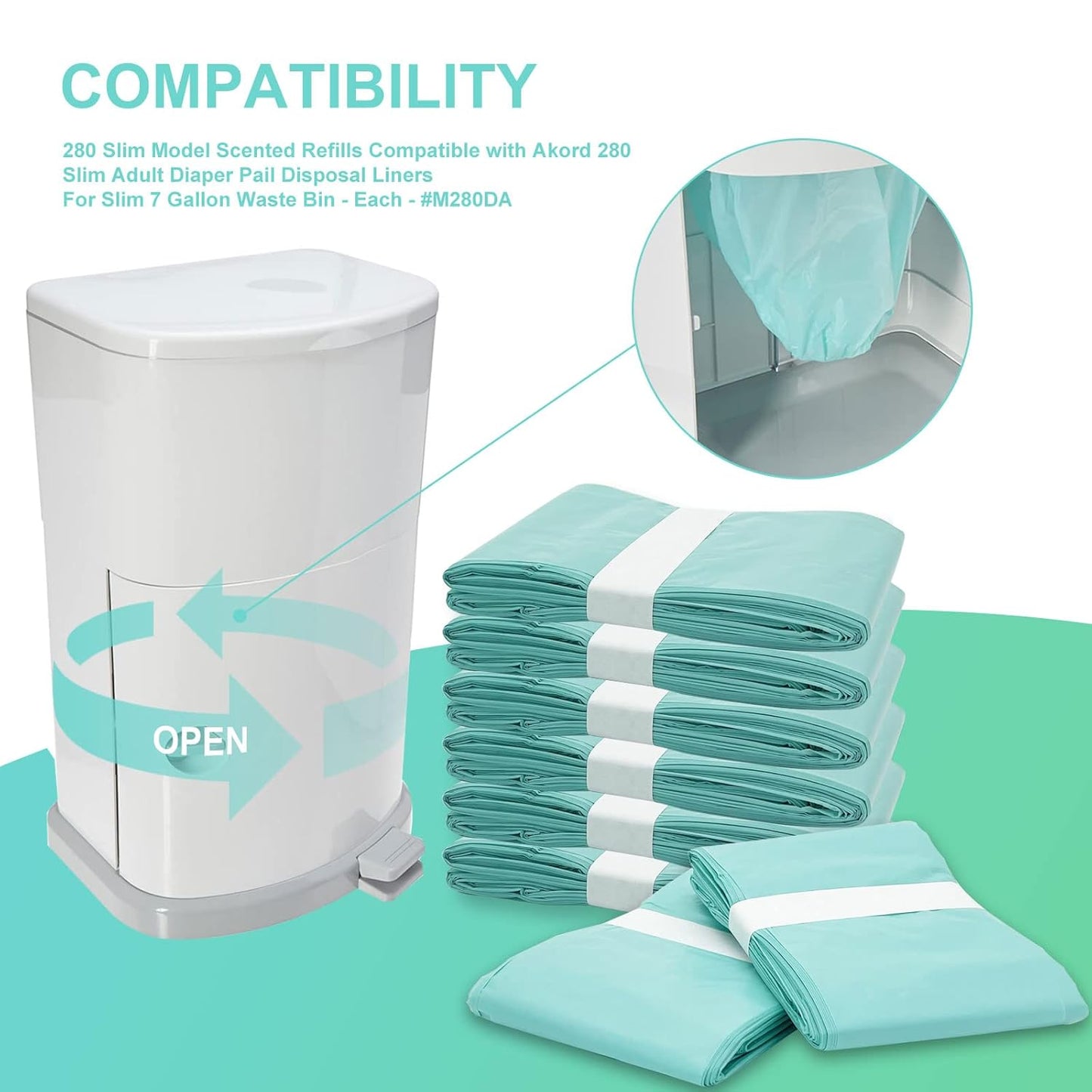 Diaper Pail Liner Refills Bags Compatible with Janibell Akord 330 Series Adult Diaper System, Green, Lightly Scented, 8 Count