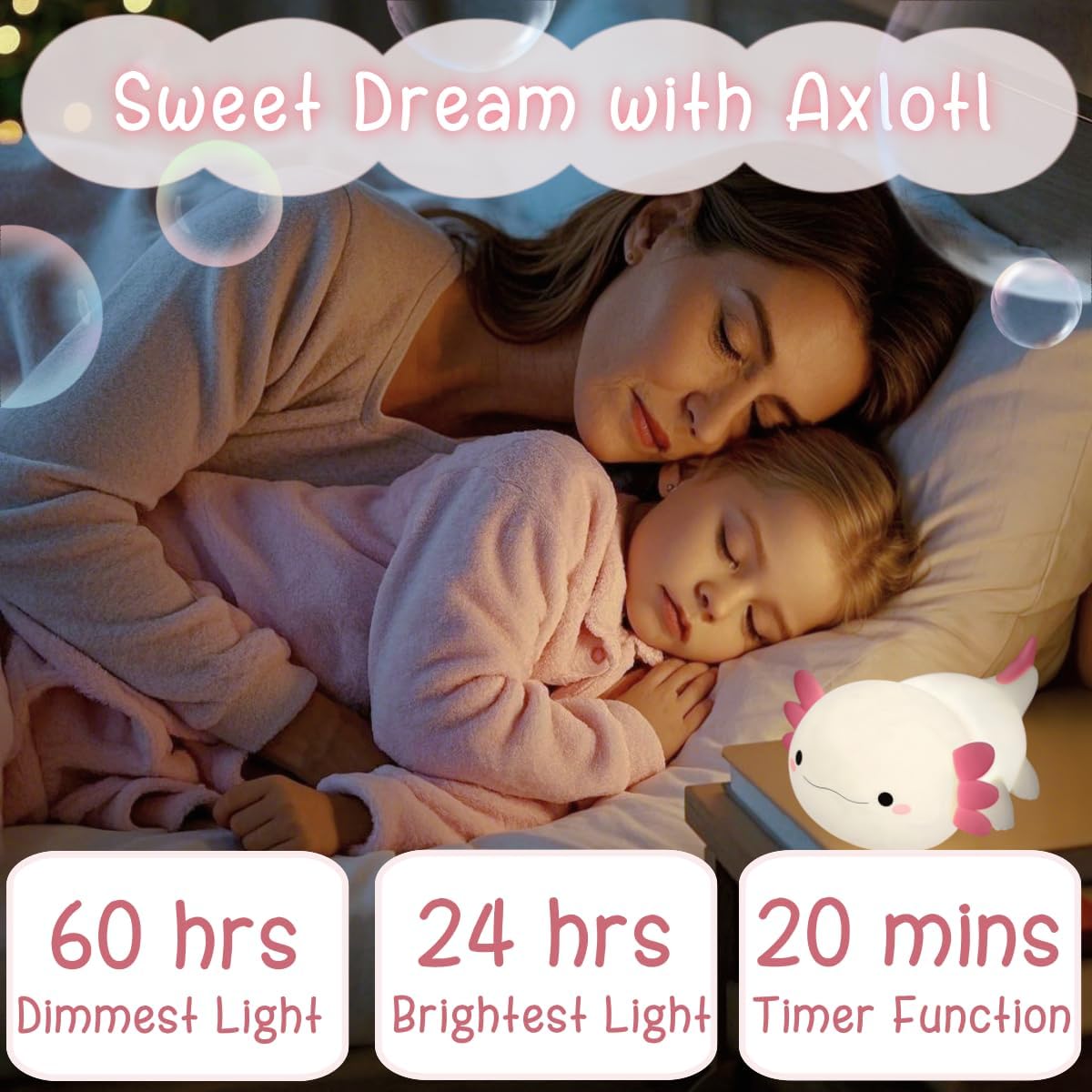 Axolotl Night Light for Kids, Cute Squishy Rechargeable Axolotls Lamp, Unique White Pink Xmas Axolotl Gifts, Dimmable LED Silicone Nightlight, Baby Safe, Girls Room College Dorm Décor