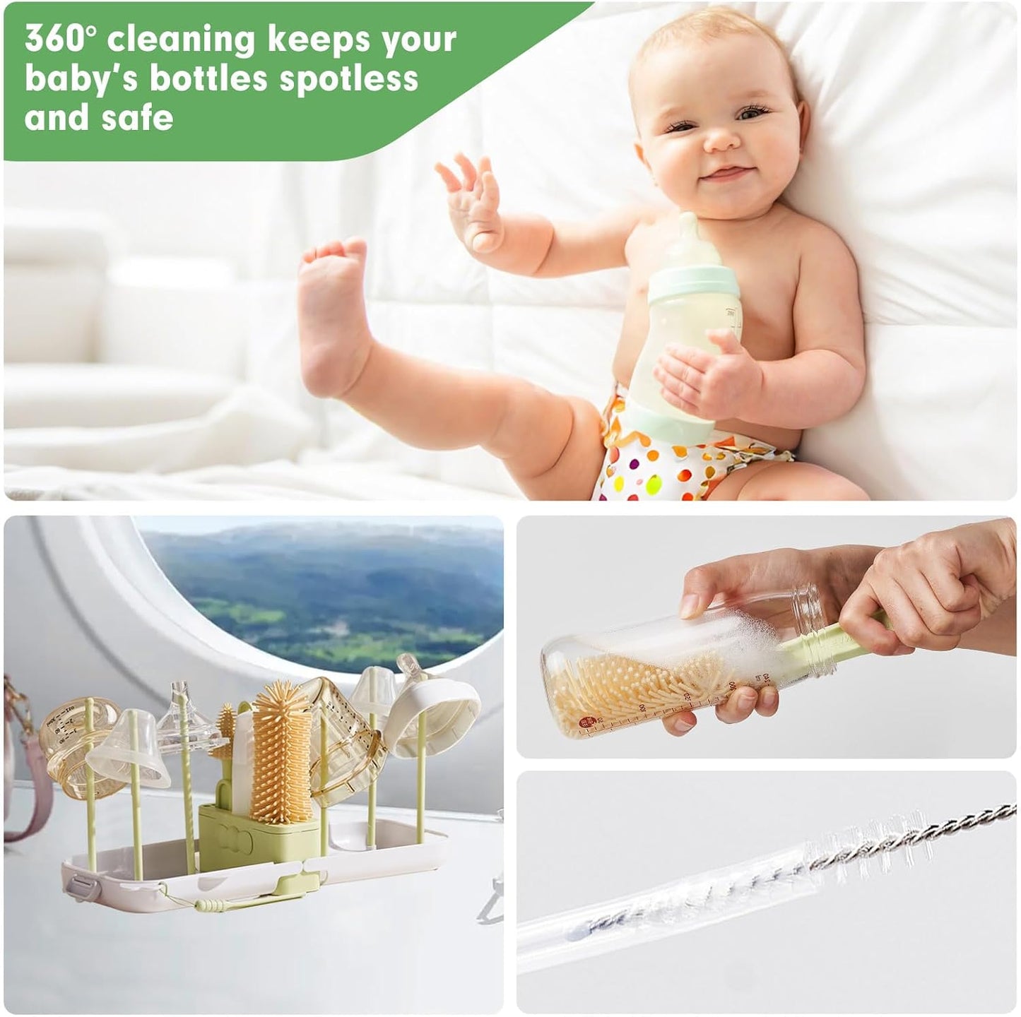 Baby Bottle Brush Set - Baby Bottle Cleaner Kit with Nipple Brush, Silicone Bottle Brush, Straw Cleaner Brush, Soap Dispenser, Bottle Drying Rack - 7 in 1 Bottle Cleaning Tool Set for Home and Travel