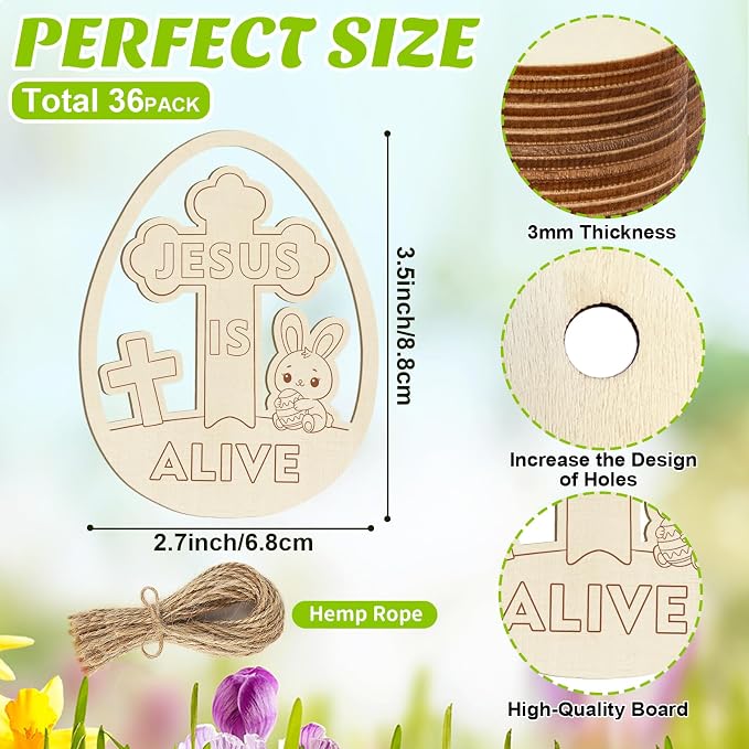 36PCS Wooden Easter Ornaments to Paint, Christian DIY Blank Unfinished Wood Egg