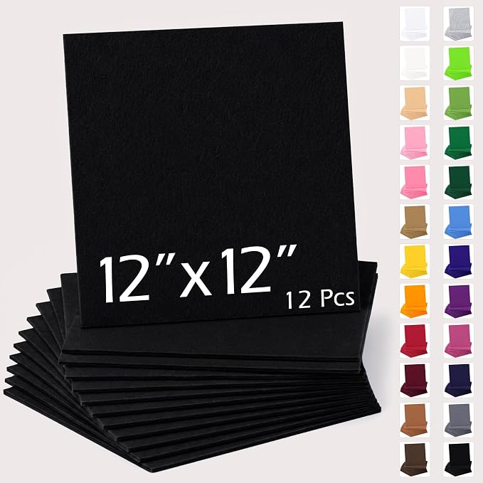 12" x 12" Felt Sheets for Crafts, 2mm Stiff Felt Fabric, Polyester Felt Squares