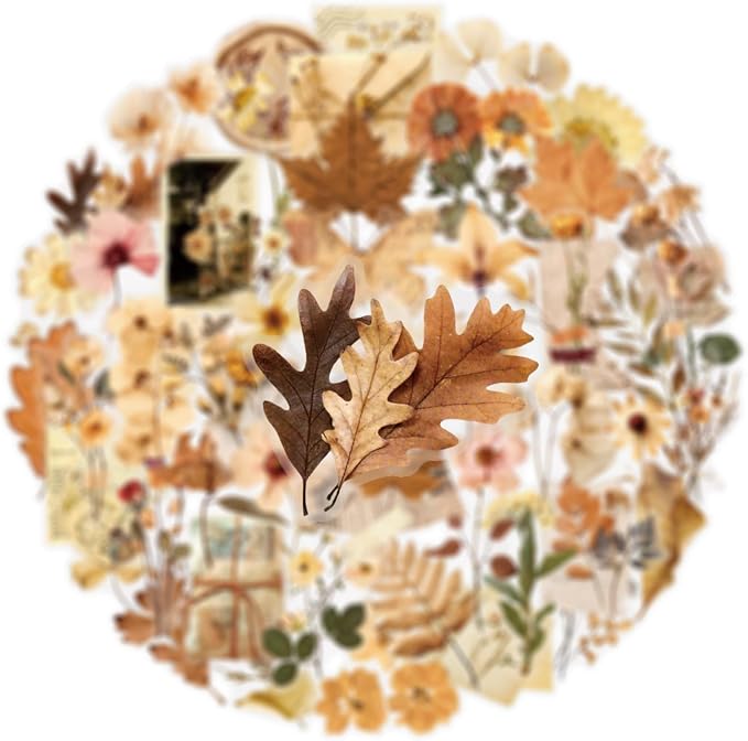50 Pcs Dried Flower Stickers Aesthetic Autumn PET Transparent Stickers Vintage