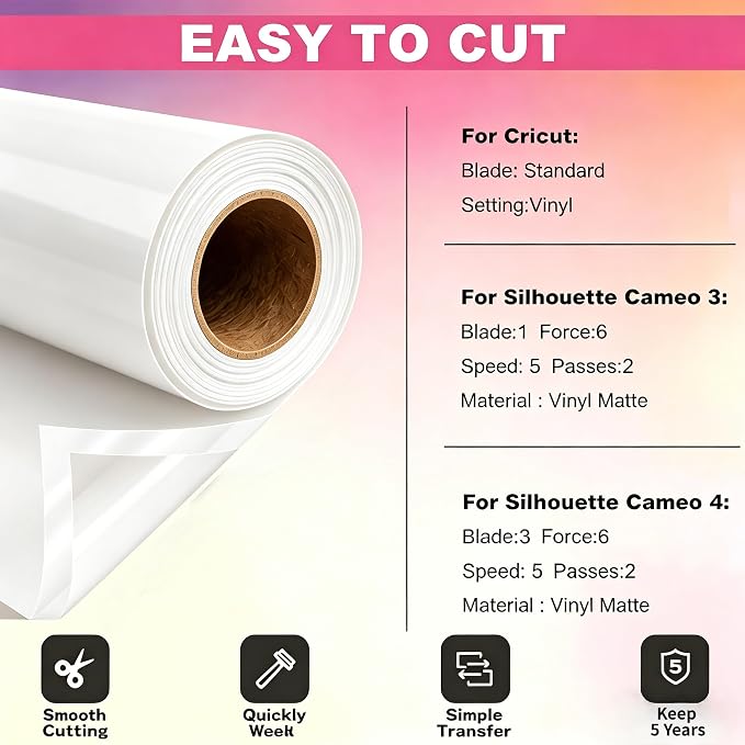 White Permanent Vinyl for Cricut Cutting Machine, Waterproof, Durable White