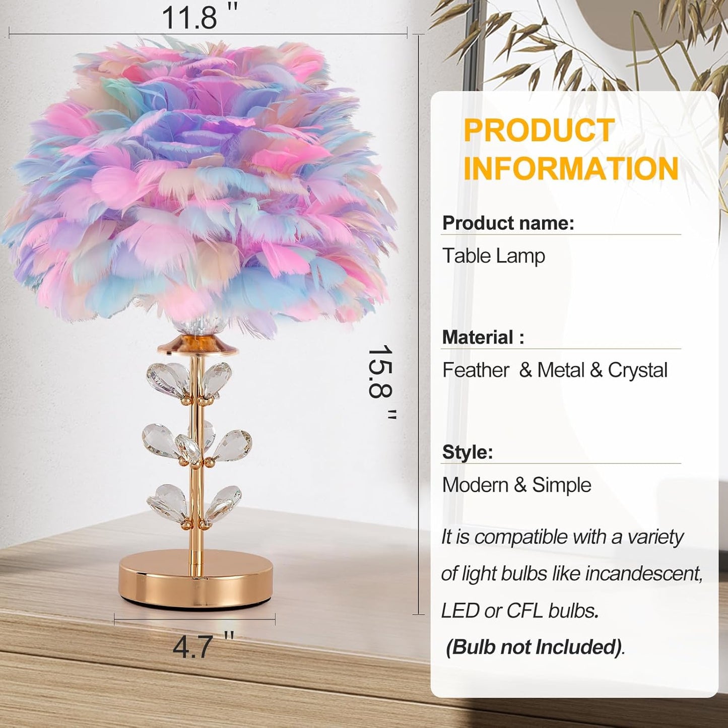 Colorful Feather Lamp Creative Furry Table Lamp Modern Feather Desk Lights Romantic Princess Bedside Nightstand Light for Teen Girls Bedroom Living Room Wedding Entryway Office