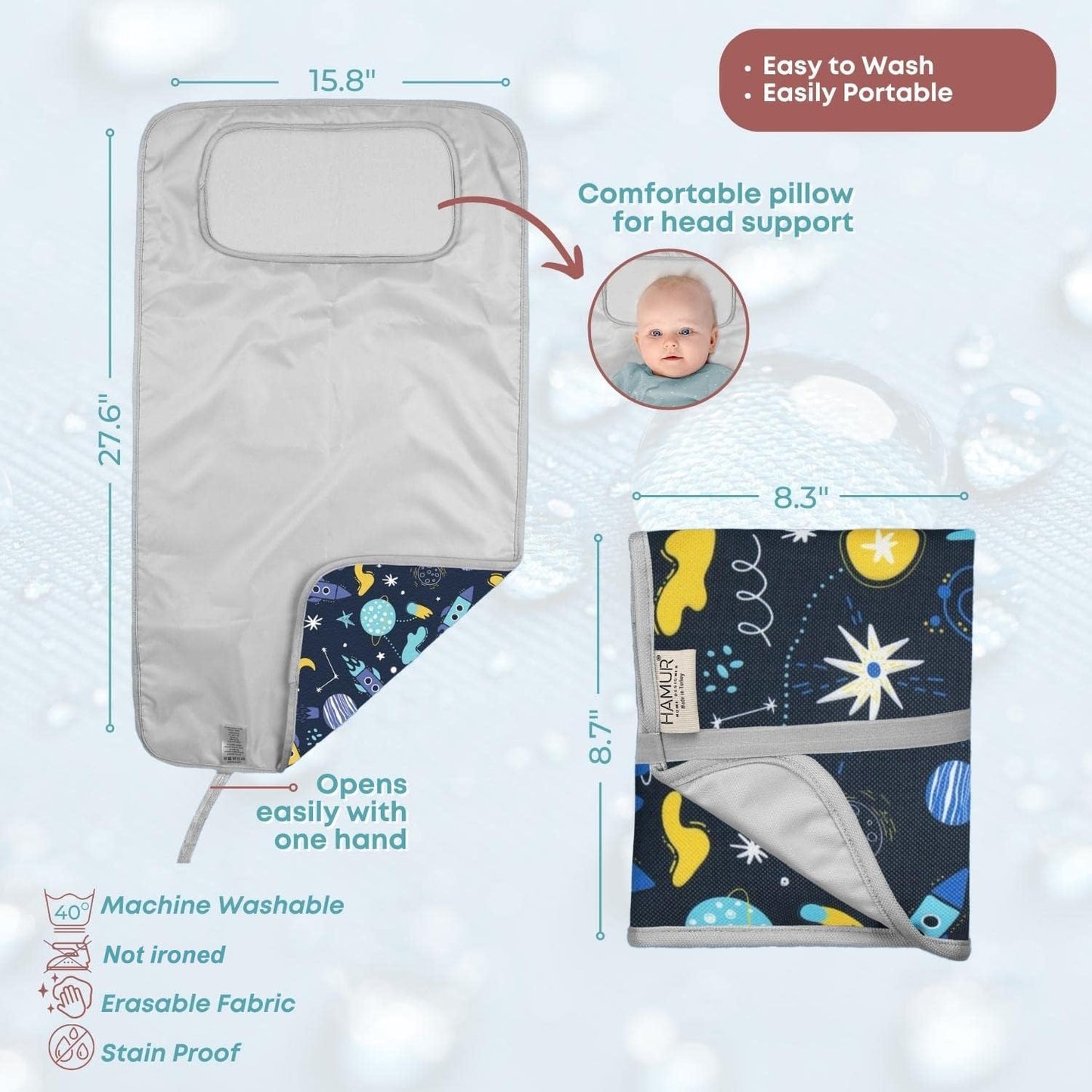 Hamur Home Portable Changing Pad – Waterproof, Washable & Easy Wipe Clean, Foldable Travel Baby Changing Mat for Diaper Bag, Compact & Lightweight, Must-Have for Newborns (Space Pattern)