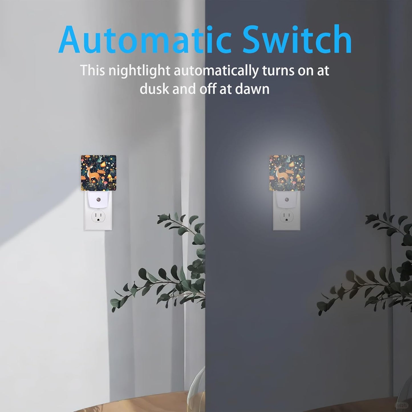Night Lights Plug into Wall Fantasy Forest Mushrooms Deer Night Lights Dusk to Dawn Sensor Led Lamp for Women Men,Led Lights for Stairway/Hallway/Bedroom,0.5W