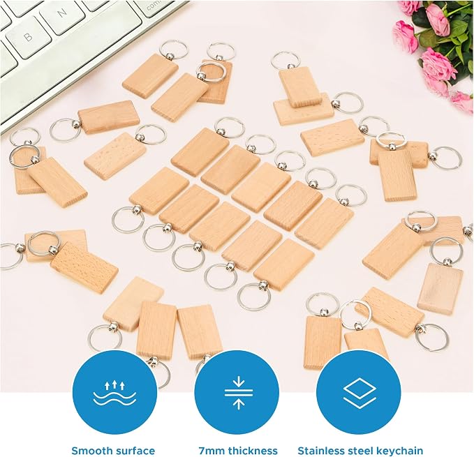 OMTech Wooden Keychain Blanks, Wood Key Chain Bulk, Unfinished Wooden Key Rings