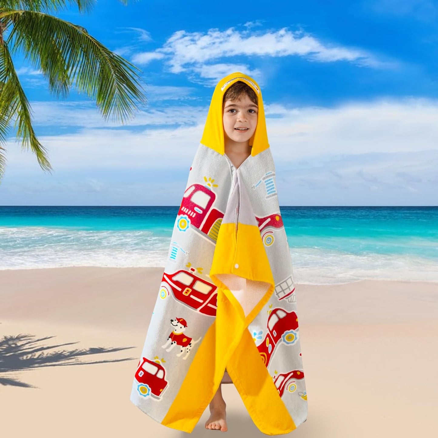 VOOVA & MOVAS Kids Bath Towels for Boys, Ages 3-10, 30''X50, | Soft Thick Absorbent Cotton, Beach | Pool | Bath Hooded Towels, Yellow Fire Truck
