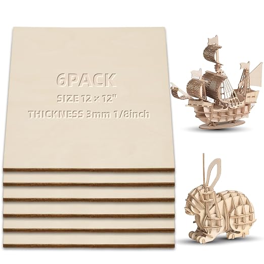 3 mm Birch Plywood 1/8 x 12 x 12 Inch, 6 Packs Craft Wood, Stronger Than