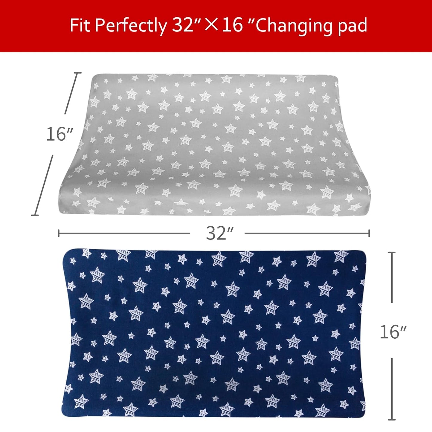 Changing Pad Cover for Boys Girls 2 Pack, Lovely Print Soft Unisex Diaper Change Table Sheets, Fit 32"x16" Contoured Pad, Comfy Cozy 2-Pack Cradle Sheets, Grey & Navy