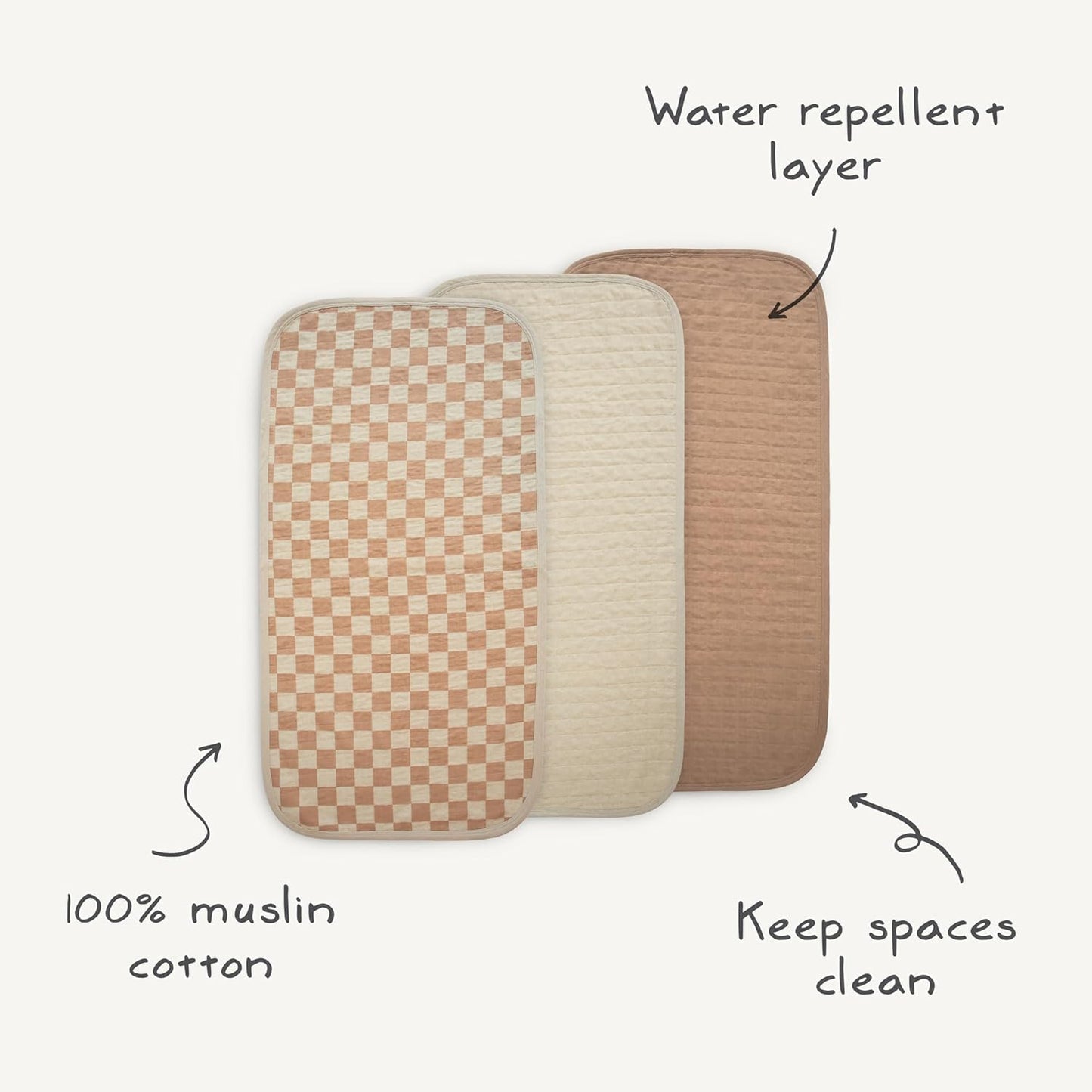 mushie Waterproof Changing Pad Liners | 100% Organic Cotton | Set of 3 (Natural Check Combo)