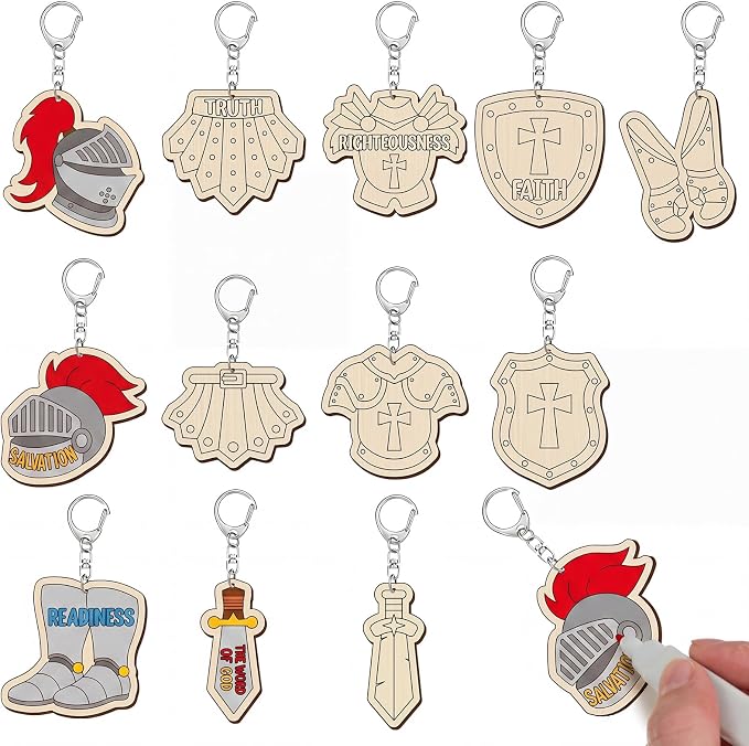 RattanView 24 Pcs Armor of God Crafts Color Your Own Keychains DIY Craft Wooden