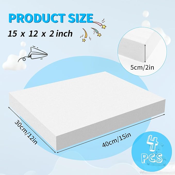 LuckyFoam White 4 Pack 15x12x2 inch Foam Sheets 2 Inch Thick | Polystyrene