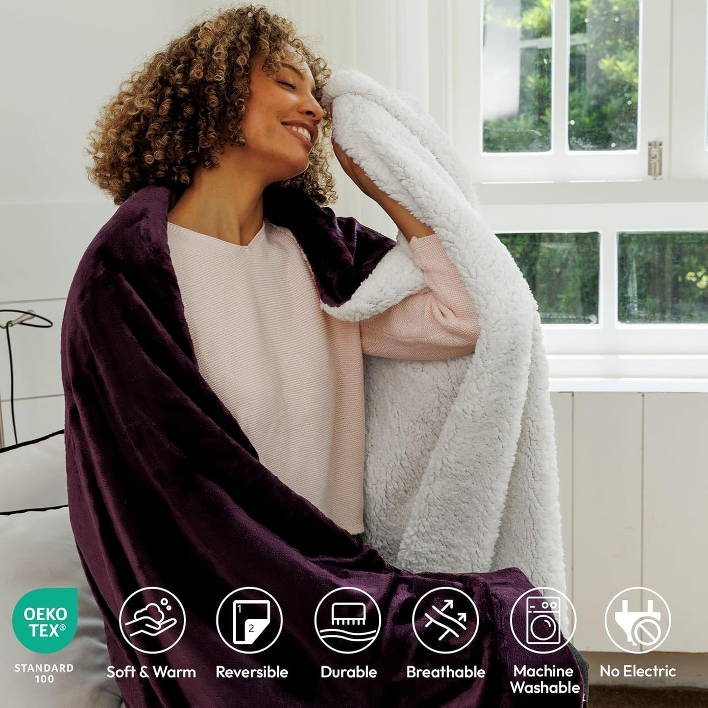 NANPIPER Sherpa Blanket for Couch, Warm and Lightweight Throw, Soft Fuzzy Plush Fleece for Winter, Plum Purple 50x60 Inches