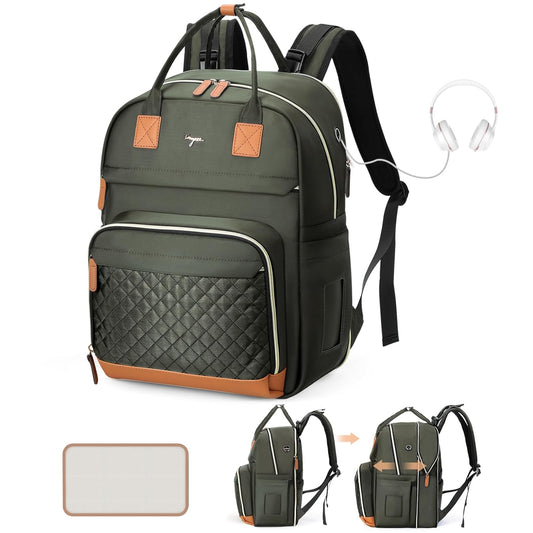 Diaper Bag Backpack - Extra Large Diaper Bag for 2 Kids Twin, Travel Baby Bags for Mom Dad 25-37L Expandable with Changing Pad Earphone Hole, Solid Green