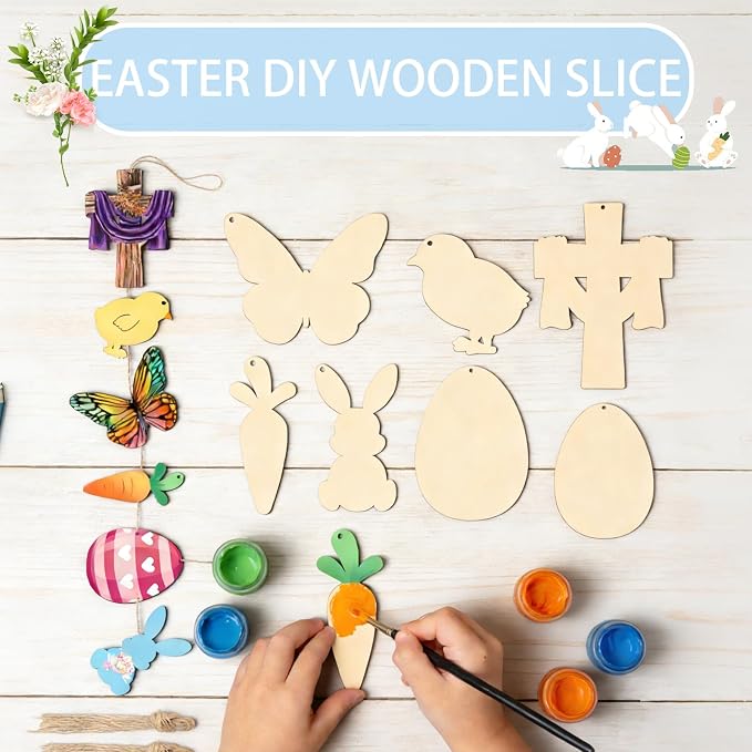 48Pcs Paintable Wooden Easter Ornaments Unfinished Wood Cutouts